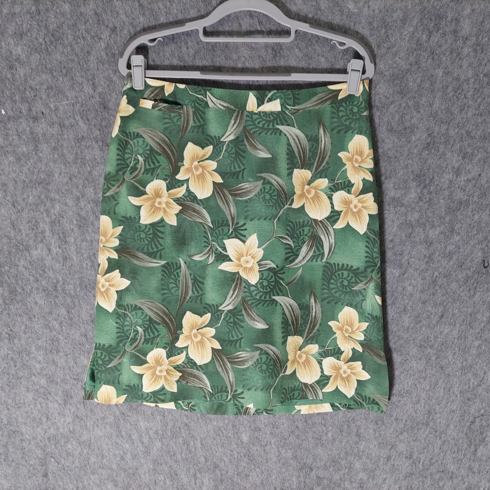 Bermuda Bay 100%‎ Silk Skirt M Green Hawaiian Tropical Floral Island Resortwear